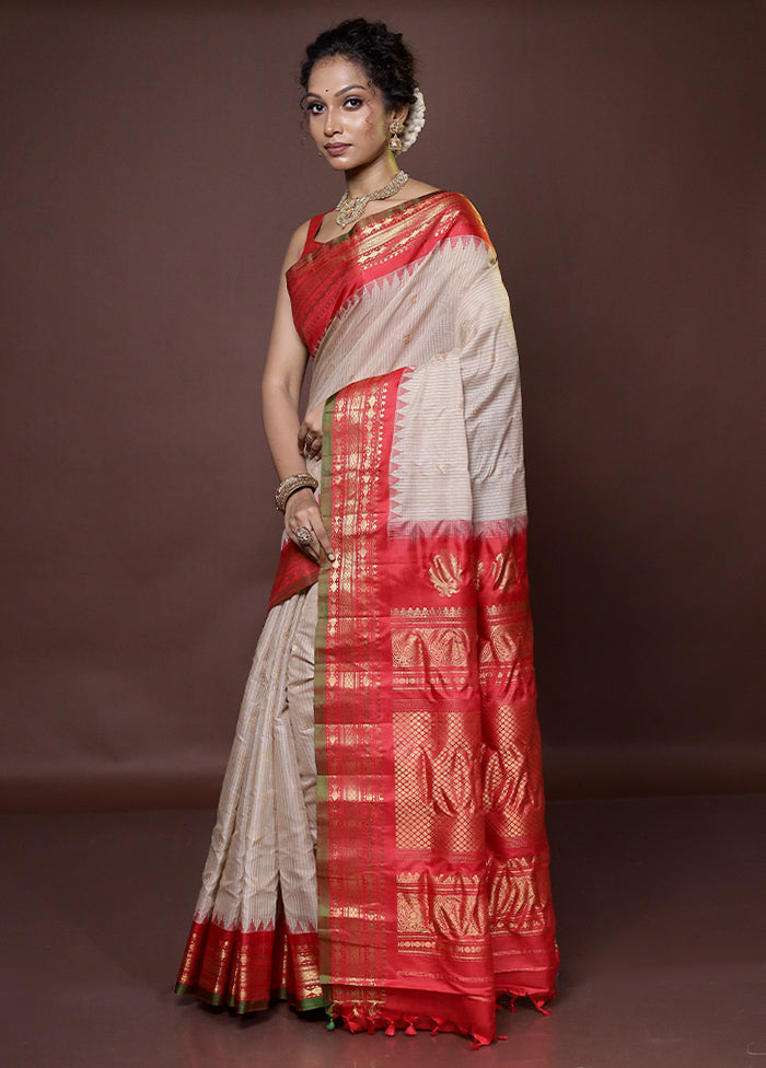 Cream Gadwal Pure Silk Saree Without Blouse Piece