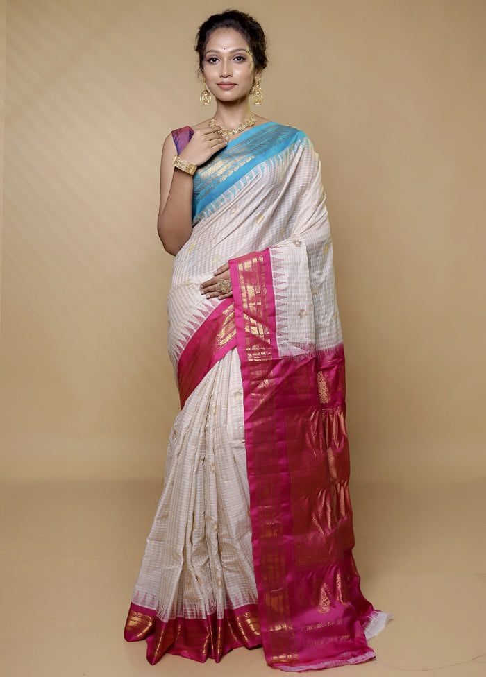 White Gadwal Pure Silk Saree Without Blouse Piece