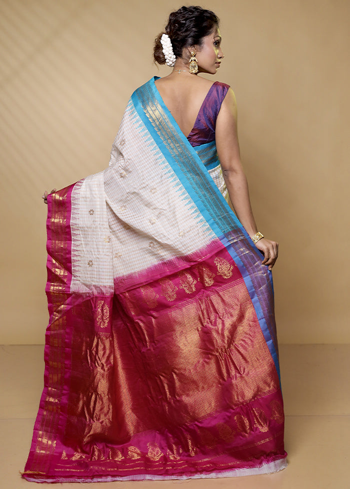 White Gadwal Pure Silk Saree Without Blouse Piece