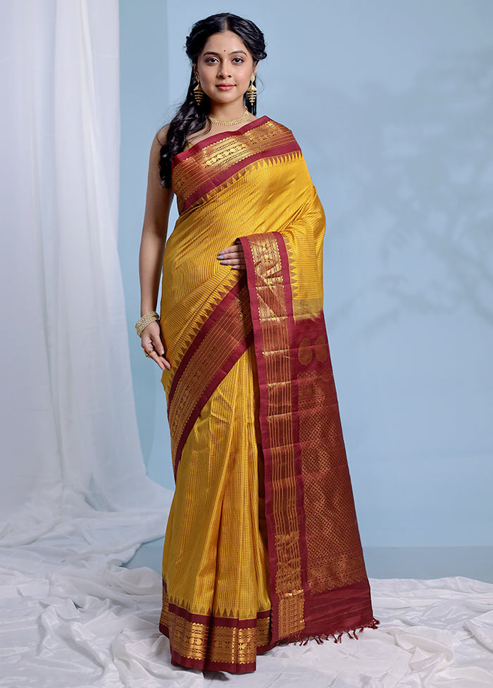 Yellow Gadwal Pure Silk Saree Without Blouse Piece - Indian Silk House Agencies