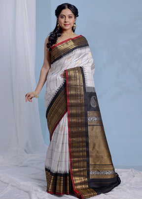 White Gadwal Pure Silk Saree Without Blouse Piece - Indian Silk House Agencies