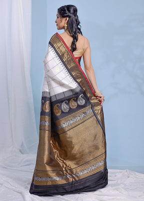 White Gadwal Pure Silk Saree Without Blouse Piece - Indian Silk House Agencies