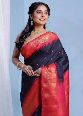 Black Gadwal Pure Silk Saree Without Blouse Piece - Indian Silk House Agencies