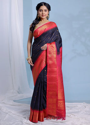 Black Gadwal Pure Silk Saree Without Blouse Piece - Indian Silk House Agencies