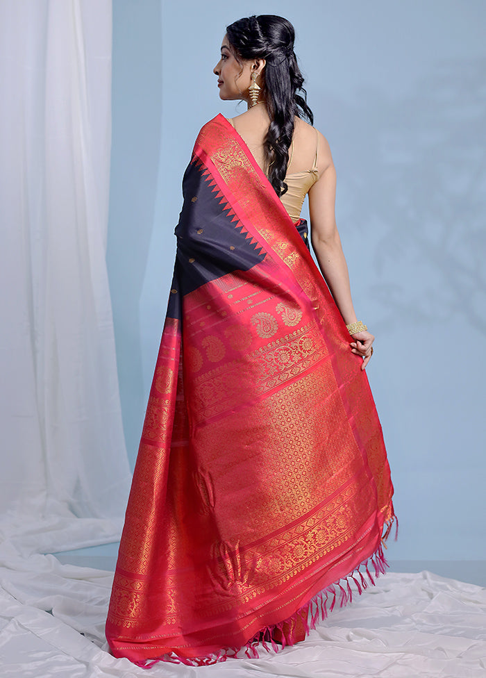 Black Gadwal Pure Silk Saree Without Blouse Piece - Indian Silk House Agencies