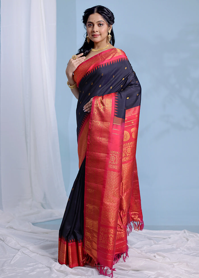 Black Gadwal Pure Silk Saree Without Blouse Piece - Indian Silk House Agencies