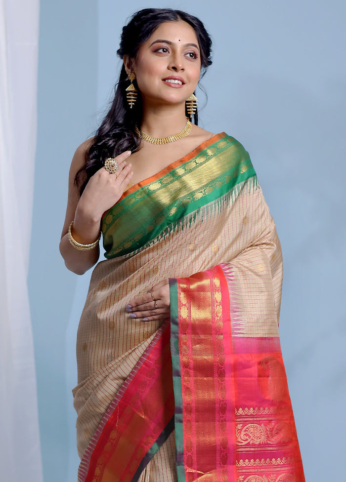 Cream Gadwal Pure Silk Saree Without Blouse Piece - Indian Silk House Agencies