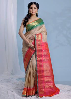 Cream Gadwal Pure Silk Saree Without Blouse Piece - Indian Silk House Agencies