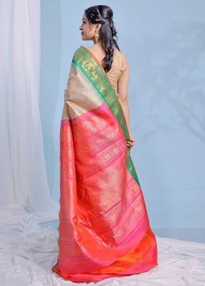 Cream Gadwal Pure Silk Saree Without Blouse Piece - Indian Silk House Agencies