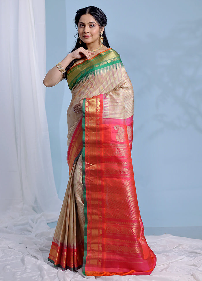 Cream Gadwal Pure Silk Saree Without Blouse Piece - Indian Silk House Agencies