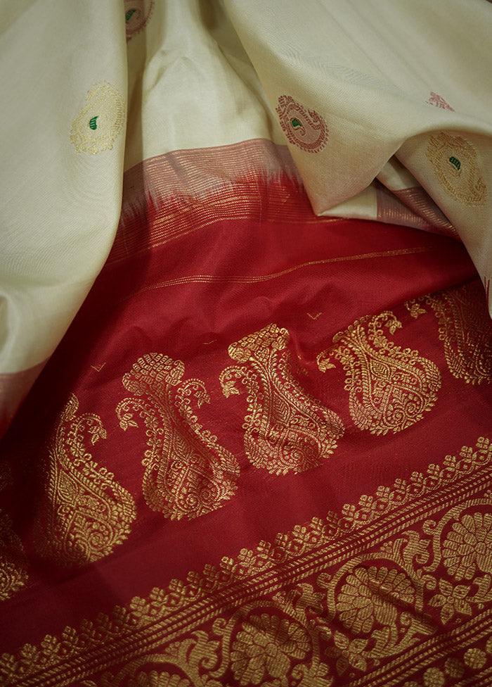 Cream Gadwal Pure Silk Saree Without Blouse Piece - Indian Silk House Agencies