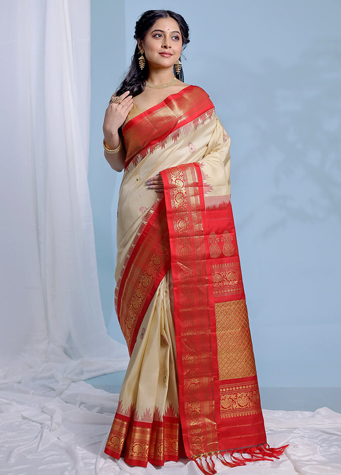 Cream Gadwal Pure Silk Saree Without Blouse Piece - Indian Silk House Agencies