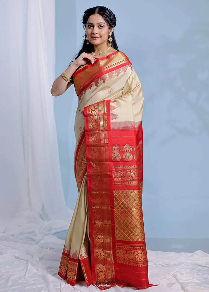 Cream Gadwal Pure Silk Saree Without Blouse Piece - Indian Silk House Agencies