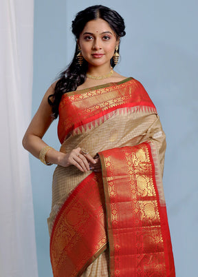 Cream Gadwal Pure Silk Saree Without Blouse Piece - Indian Silk House Agencies