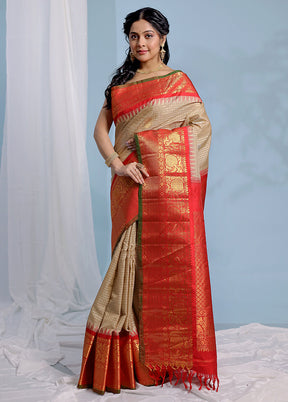 Cream Gadwal Pure Silk Saree Without Blouse Piece - Indian Silk House Agencies