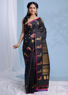 Black Gadwal Pure Silk Saree Without Blouse Piece - Indian Silk House Agencies