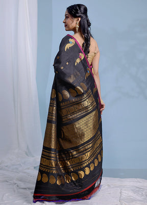 Black Gadwal Pure Silk Saree Without Blouse Piece - Indian Silk House Agencies