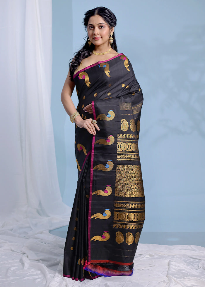 Black Gadwal Pure Silk Saree Without Blouse Piece - Indian Silk House Agencies