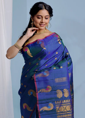 Blue Gadwal Pure Silk Saree Without Blouse Piece - Indian Silk House Agencies