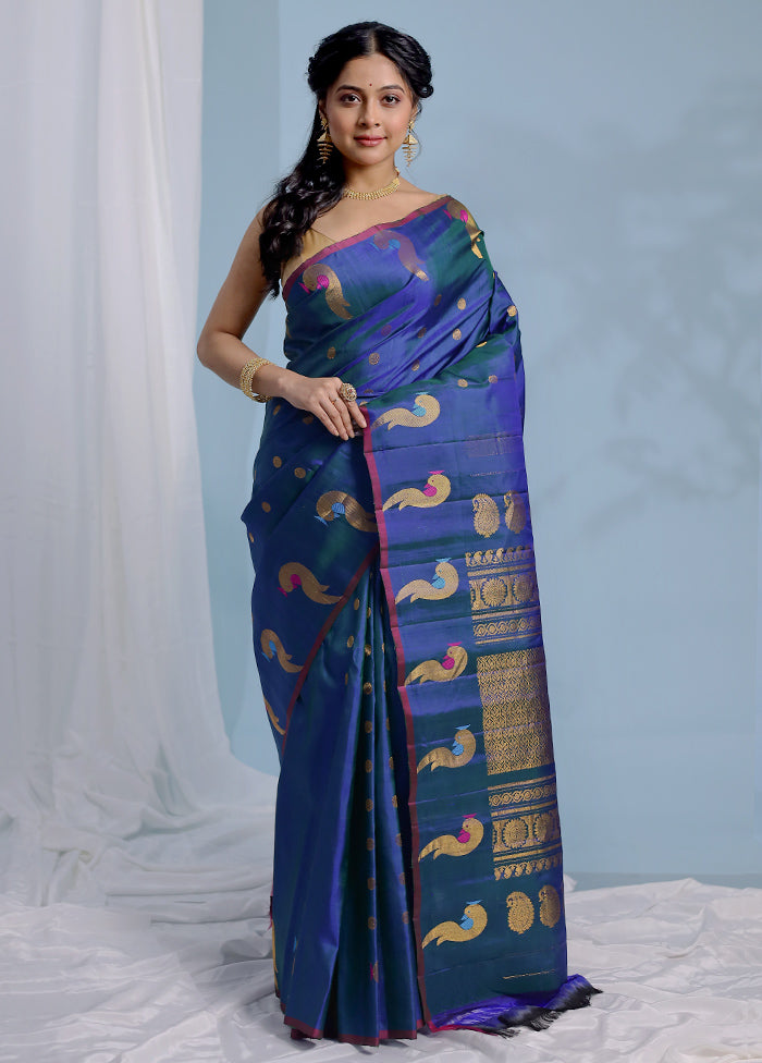 Blue Gadwal Pure Silk Saree Without Blouse Piece - Indian Silk House Agencies