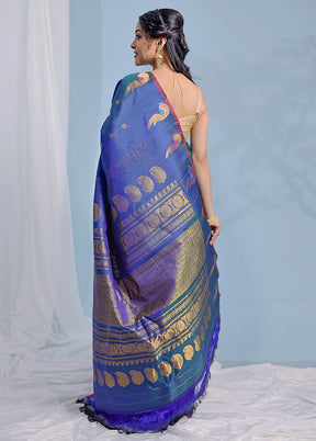 Blue Gadwal Pure Silk Saree Without Blouse Piece - Indian Silk House Agencies