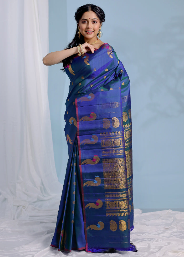 Blue Gadwal Pure Silk Saree Without Blouse Piece - Indian Silk House Agencies