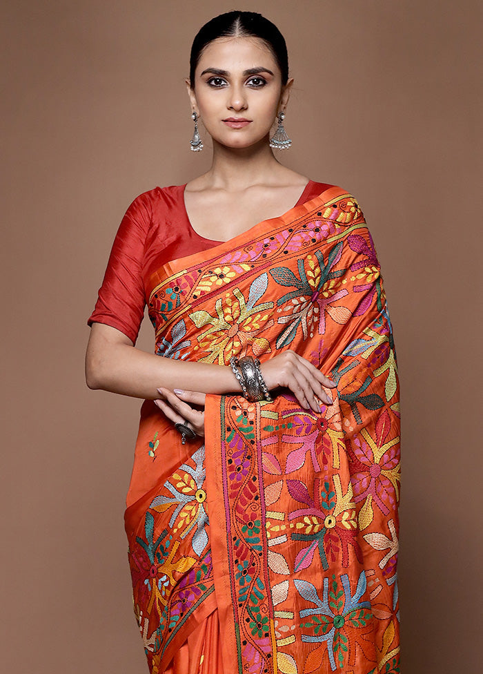 Orange Kantha Stitch Silk Saree With Blouse Piece