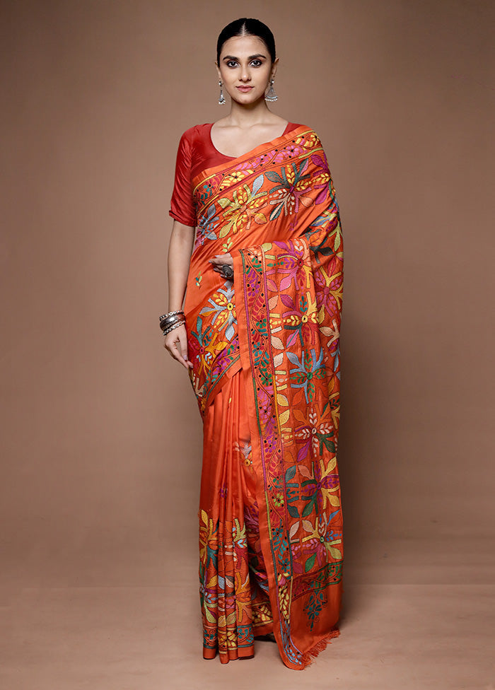 Orange Kantha Stitch Silk Saree With Blouse Piece