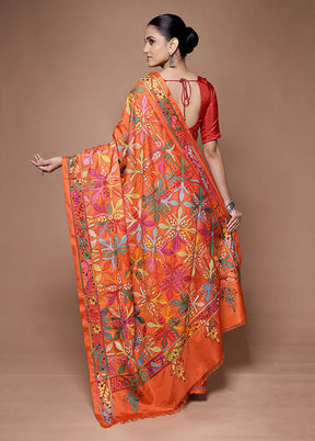 Orange Kantha Stitch Silk Saree With Blouse Piece