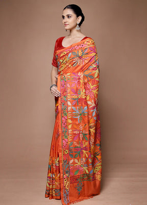 Orange Kantha Stitch Silk Saree With Blouse Piece