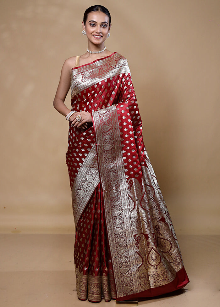 Maroon Banarasi Silk Saree With Blouse Piece