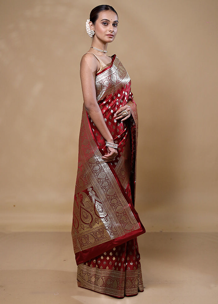 Maroon Banarasi Silk Saree With Blouse Piece