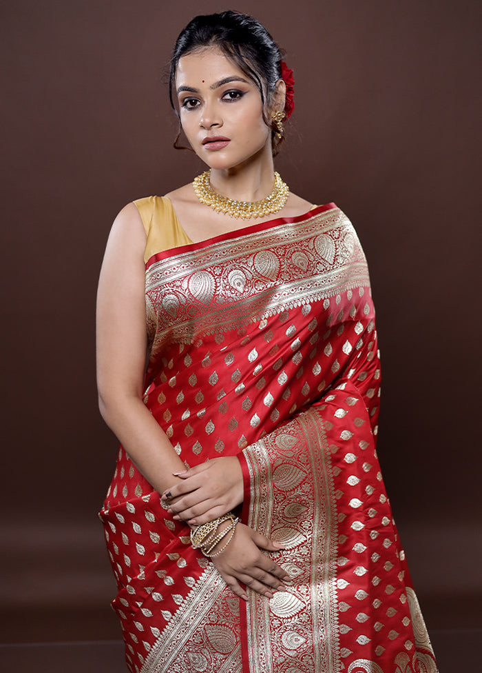 Red Banarasi Silk Saree Without Blouse Piece - Indian Silk House Agencies