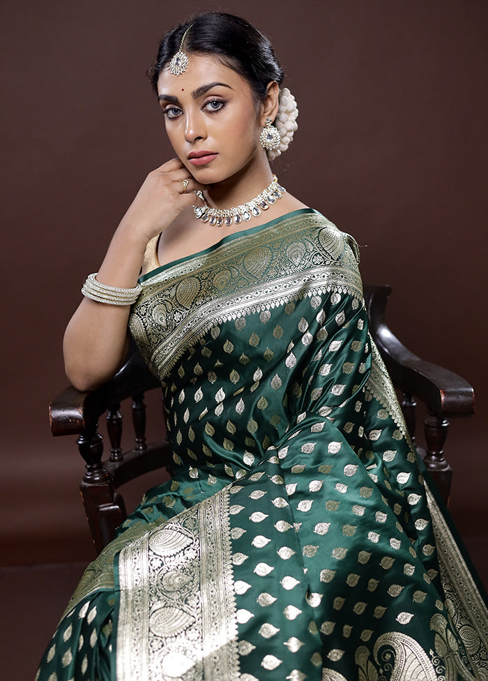 Green Banarasi Silk Saree Without Blouse Piece - Indian Silk House Agencies