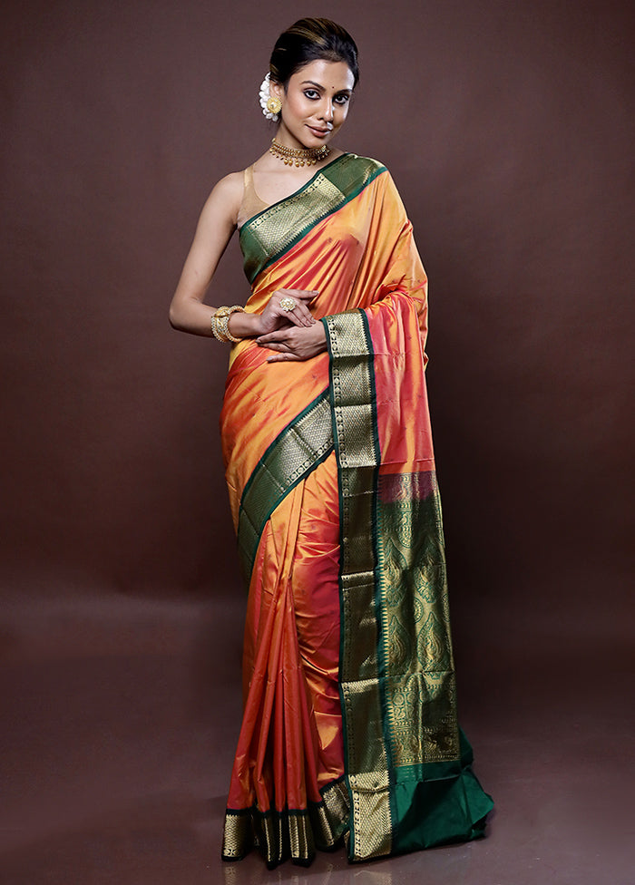 Orange Kanjivaram Silk Saree Without Blouse Piece - Indian Silk House Agencies