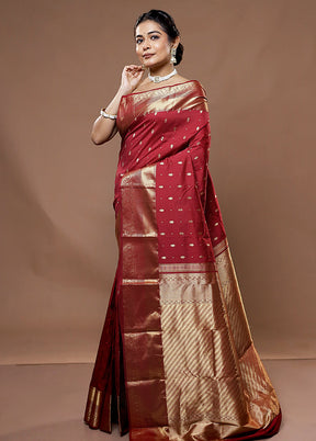 Maroon Kanjivaram Pure Silk Saree With Blouse Piece - Indian Silk House Agencies