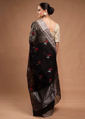 Black Handloom Chanderi Pure Cotton Saree With Blouse Piece