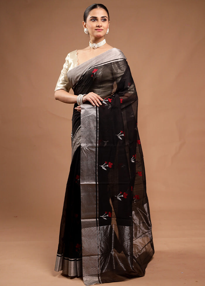 Black Handloom Chanderi Pure Cotton Saree With Blouse Piece