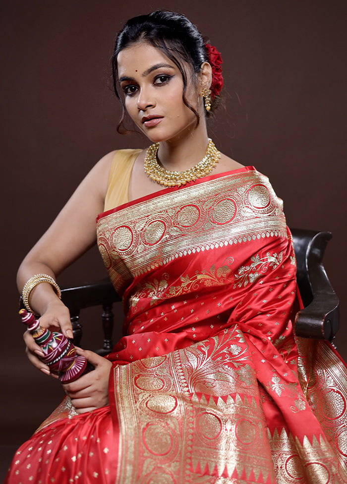 Red Banarasi Silk Saree Without Blouse Piece - Indian Silk House Agencies