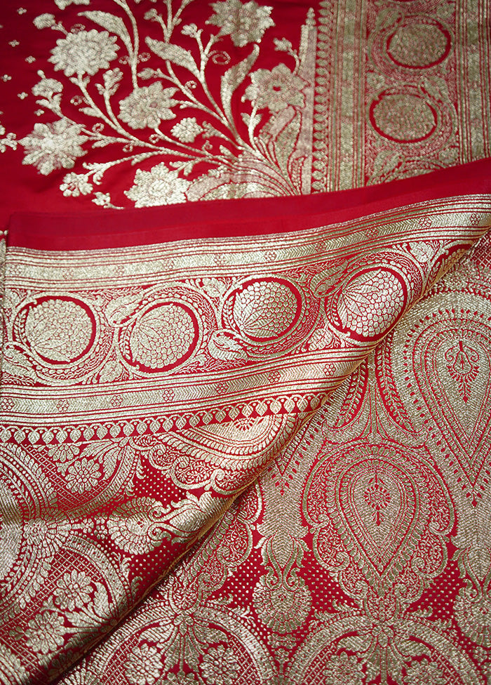 Red Banarasi Silk Saree Without Blouse Piece - Indian Silk House Agencies