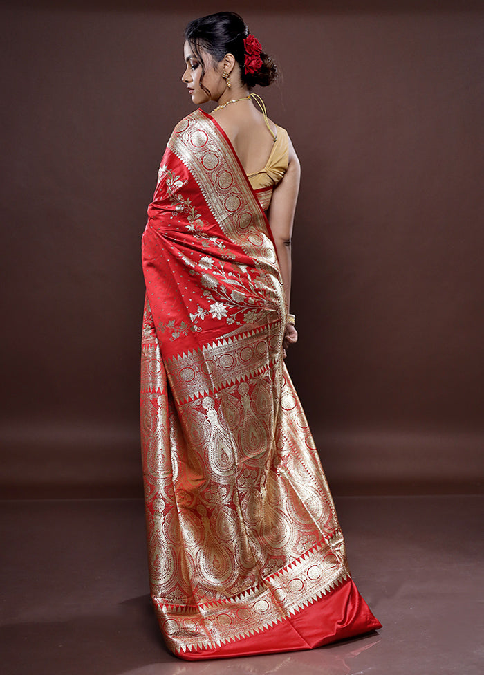 Red Banarasi Silk Saree Without Blouse Piece - Indian Silk House Agencies