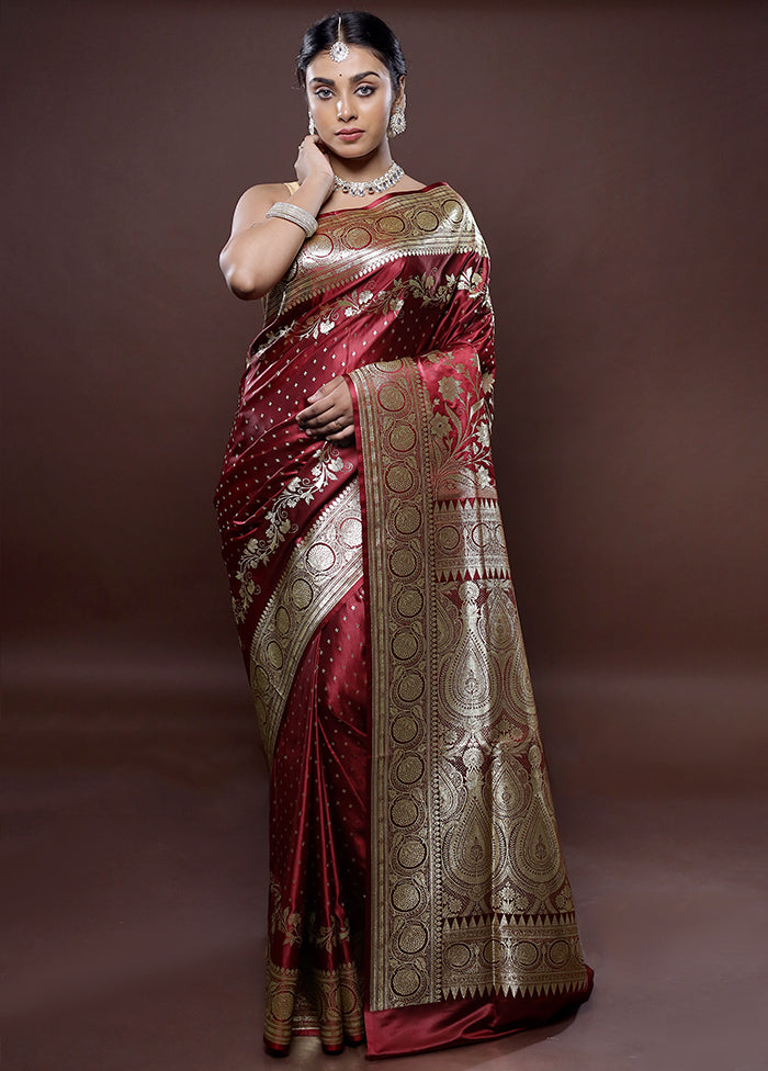 Maroon Banarasi Silk Saree Without Blouse Piece - Indian Silk House Agencies