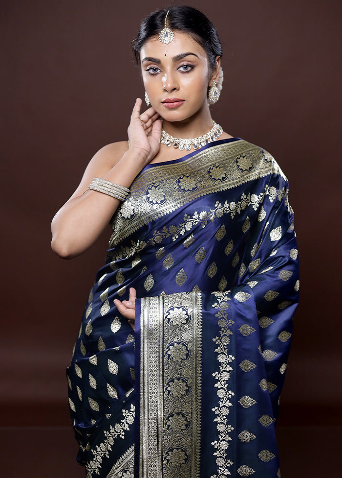 Blue Banarasi Silk Saree Without Blouse Piece - Indian Silk House Agencies