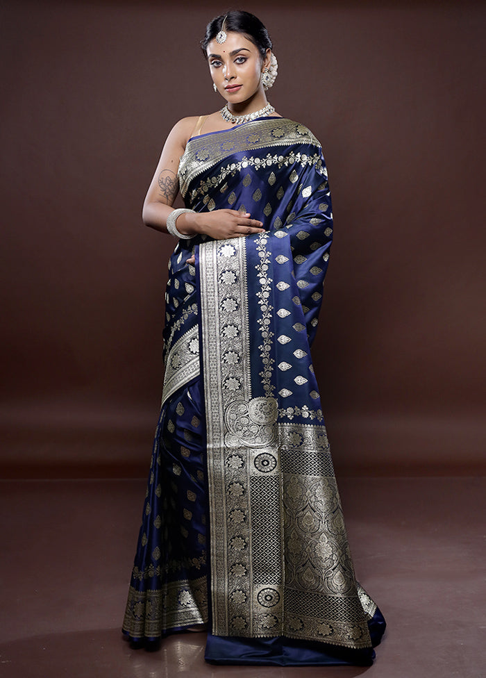 Blue Banarasi Silk Saree Without Blouse Piece - Indian Silk House Agencies