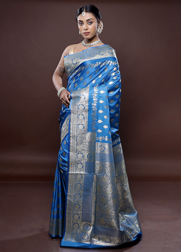 Blue Banarasi Silk Saree Without Blouse Piece - Indian Silk House Agencies