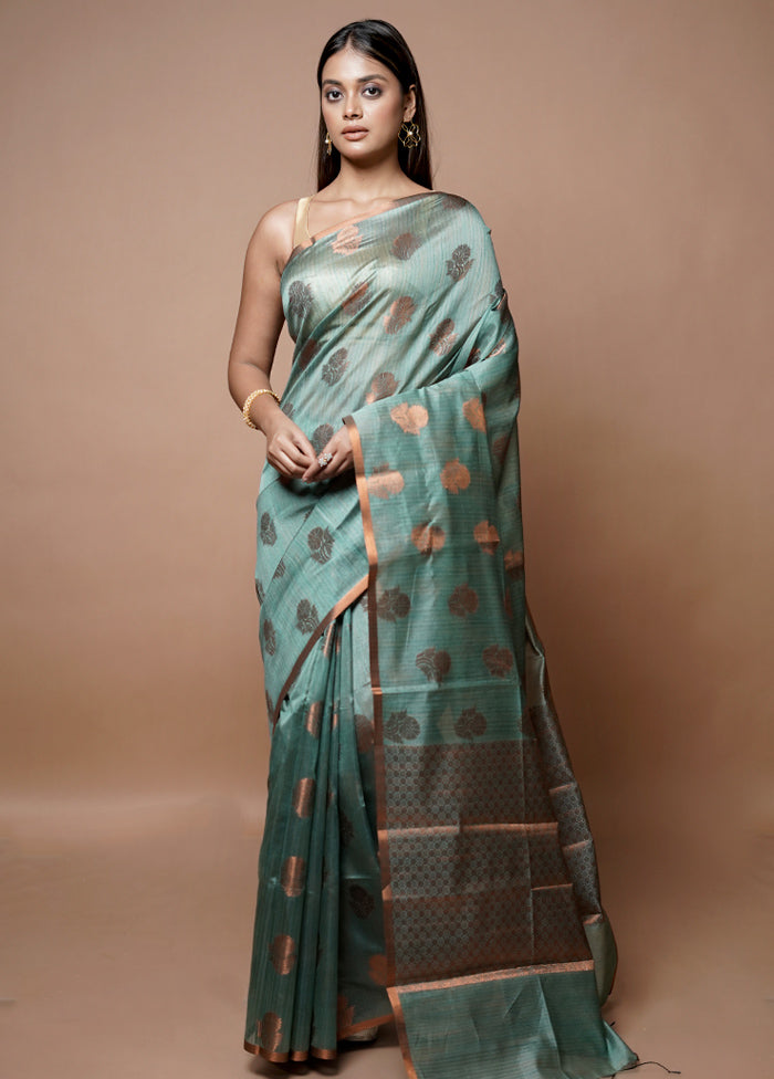 Green Dupion Silk Saree With Blouse Piece