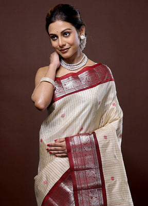 Cream Gadwal Pure Silk Saree Without Blouse Piece - Indian Silk House Agencies