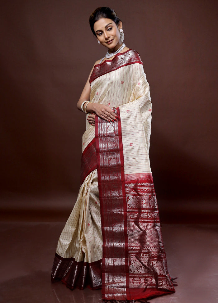 Cream Gadwal Pure Silk Saree Without Blouse Piece - Indian Silk House Agencies