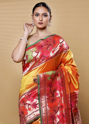 Yellow Handloom Katan Pure Silk Saree With Blouse Piece