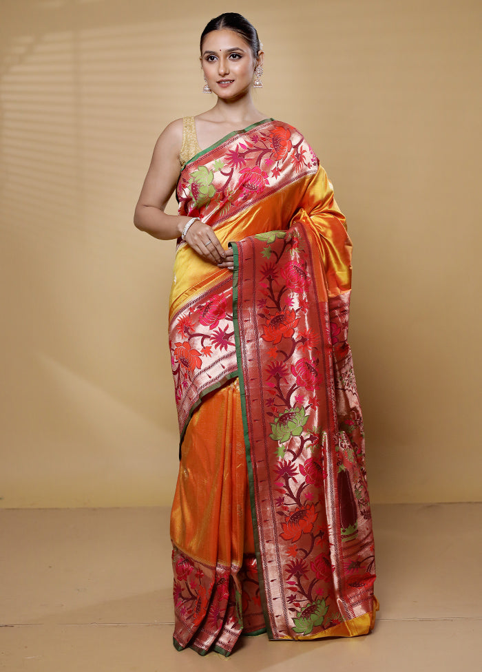 Yellow Handloom Katan Pure Silk Saree With Blouse Piece